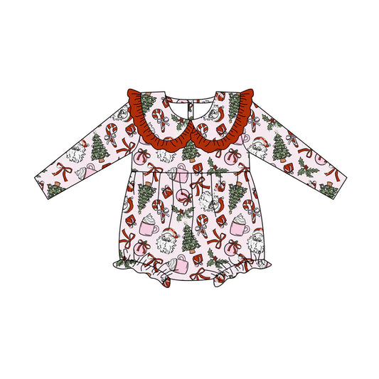 7.15Preorder (moq 5)Baby Girls Long Sleeves Santa Bows Candy Cane Trees Plaid Ruffle Romper