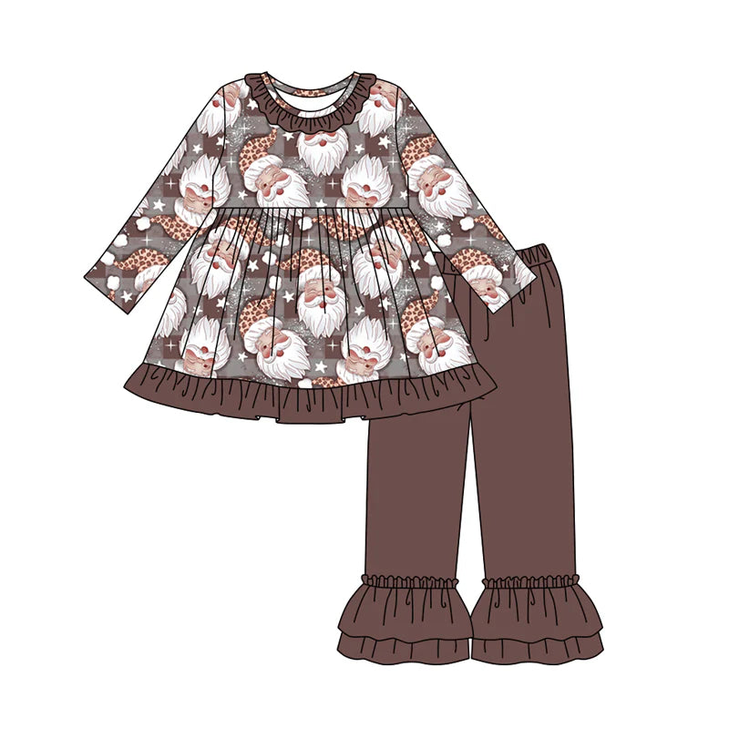 7.31Preorder(moq 5) Baby Girls Brown Long Sleeves Santa Plaid Tunic Ruffle Pants Set