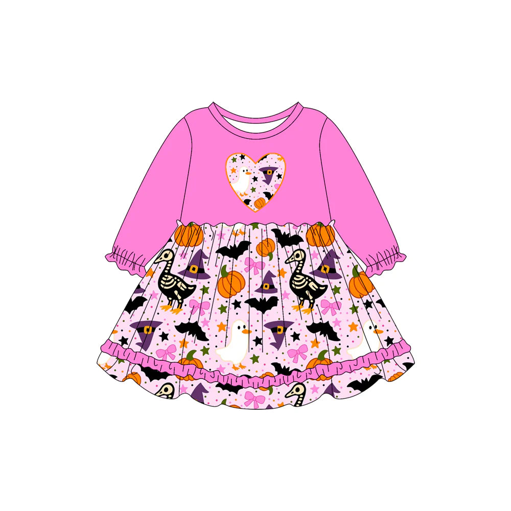 7.19Preorder (moq 5)Baby Girls Pink Long Ruffle Sleeves Ghost Pumpkins Hearts Knee Length Dresses