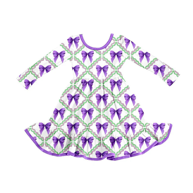 X908Preorder (moq 5)Baby Girls Mardi Gras Purple Bows Checked Ruffle Knee Length Dresses