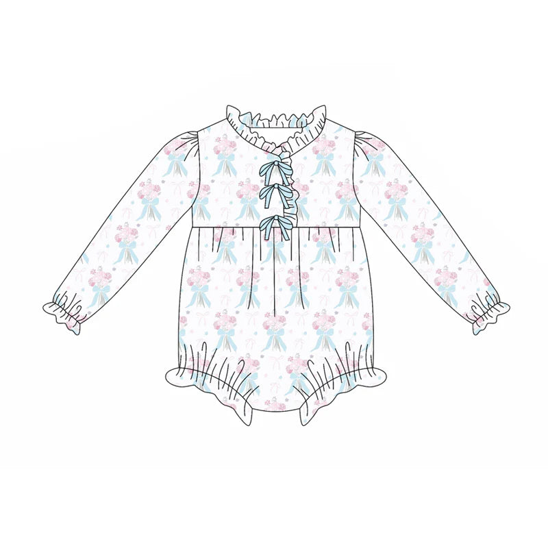 8.5Preorder(moq 5)Baby Infant Girls Blue Bows Flowers Plaid Button Ruffle Rompers