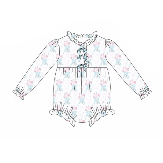8.5Preorder(moq 5)Baby Infant Girls Blue Bows Flowers Plaid Button Ruffle Rompers