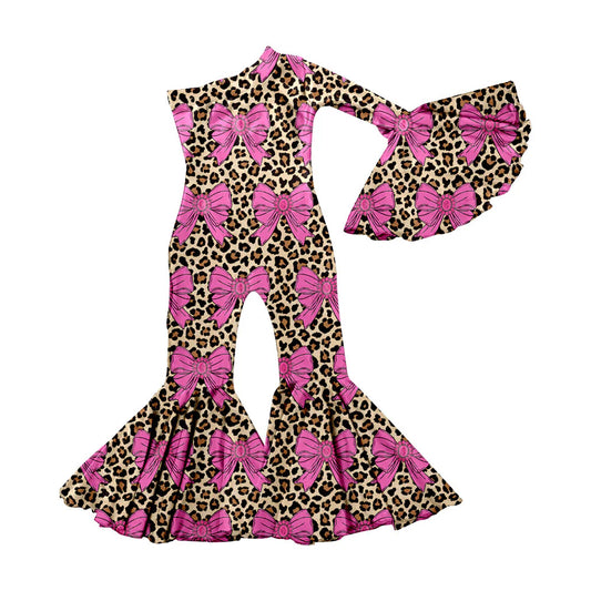 X11.19Preorder(moq 5) Baby Girls Pink Turquoises Bows Leopard Western Bell Bottom Jumpsuits