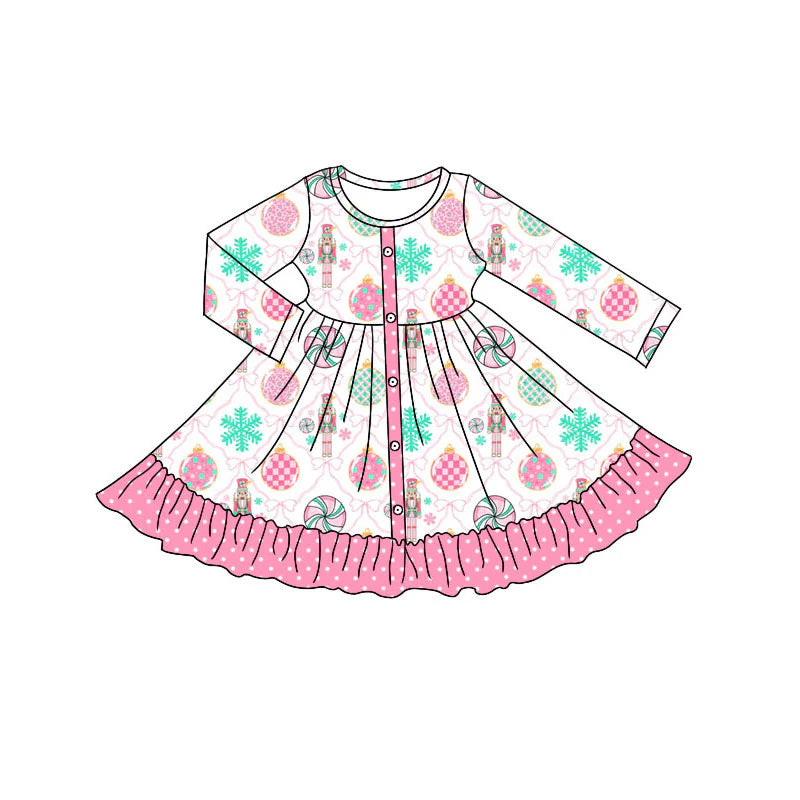 X101Preorder (moq 5)Baby Girls Pink Bows Soldiers Button Ruffle Christmas Knee Length Dresses
