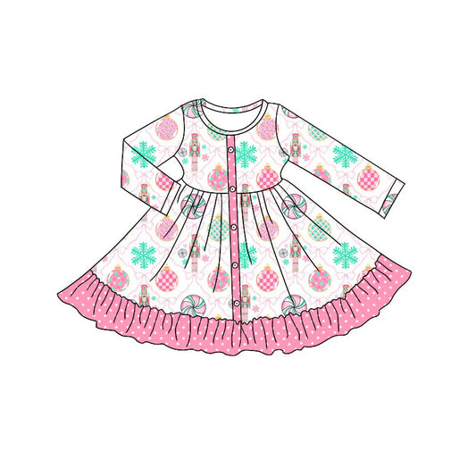 X101Preorder (moq 5)Baby Girls Pink Bows Soldiers Button Ruffle Christmas Knee Length Dresses