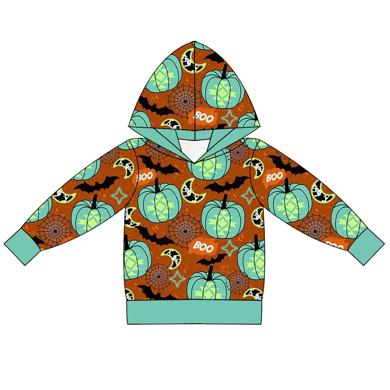6.25 Pumpkin Bat Green Hooded Long Sleeve Top
