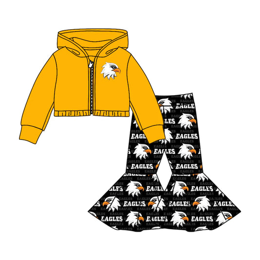 7.3preorder(moq 5) Baby Girls Black Eagles Team Hooded Top Bell Pants Clothes Sets
