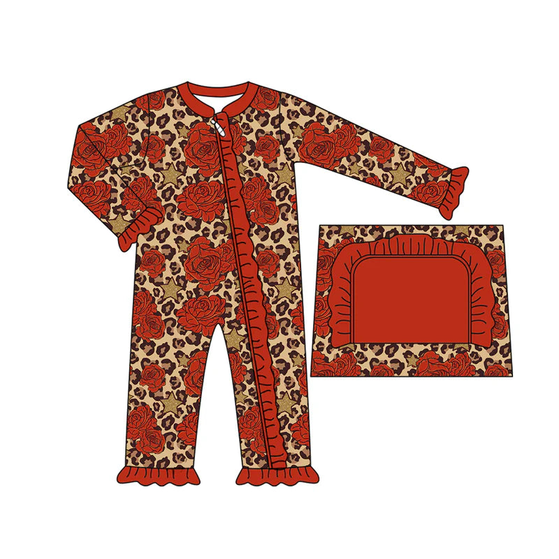 7.19Preorder moq 5 Baby Girls Long Sleeves Leopard Rose Ruffle Zipper Pant Rompers