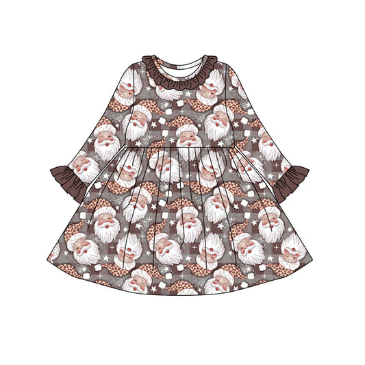 7.31Preorder(moq 5) Baby Girls Brown Long Ruffle Sleeves Santa Plaid Knee Length Dresses