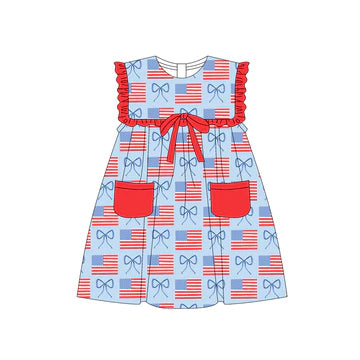 5.8 Girls Flying Sleeve Pocket Doll Collar Flag Dress