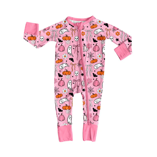 7.16Preorder (moq 5)Baby Girls Long Sleeves Pink Ghosts Pumpkins Plaid Zipper Pant Romper