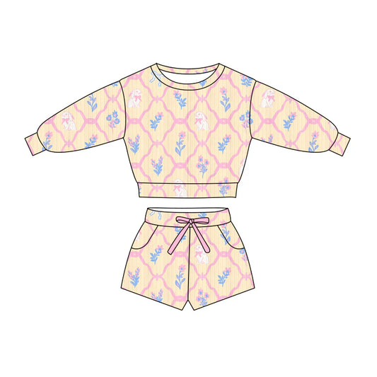 X1.16 Preorder (moq 5)Baby Girls Flowers Rabbits Checked Top Pockets Shorts Easter Clothes Sets