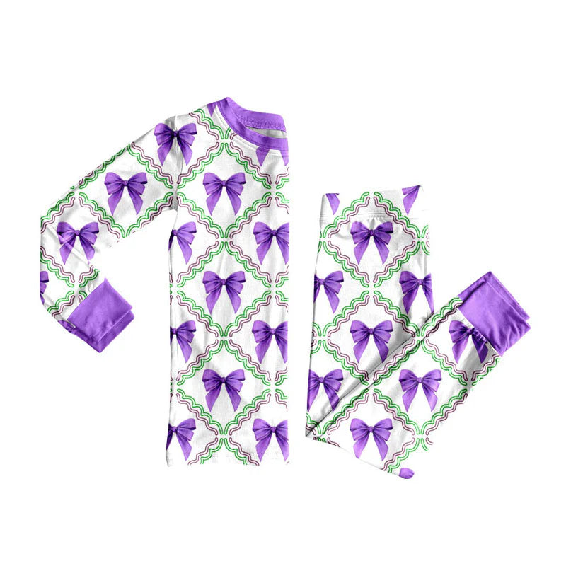 X908Preorder (moq 5)Baby Girls Mardi Gras Purple Bows Checked Top Pants Pajamas Sets
