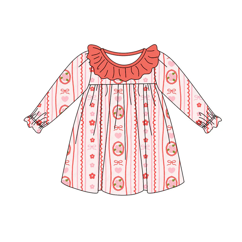 7.21Preorder (moq 5)Baby Girls Long Ruffle Sleeves Peach Hearts Bows Stripe Knee Length Dress
