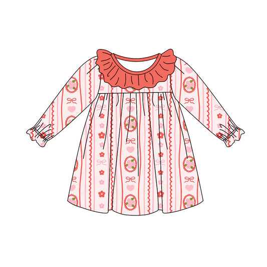 7.21Preorder (moq 5)Baby Girls Long Ruffle Sleeves Peach Hearts Bows Stripe Knee Length Dress