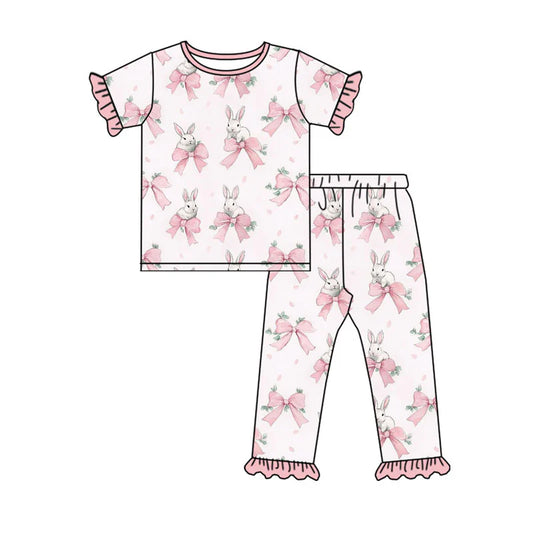 X919 Preorder (moq 5)Baby Girls Pink Bows Rabbits Top Ruffle Pants Easter Pajamas Sets