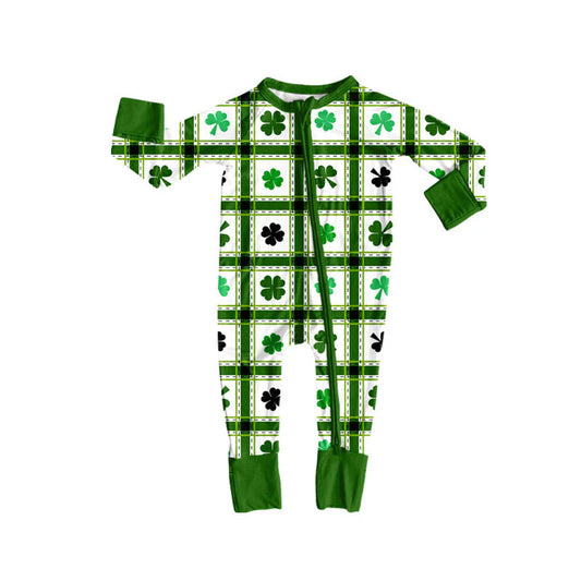 X926Preorder (moq 5)Baby Boys Clovers Checked St Patrick Zipper Footie Rompers
