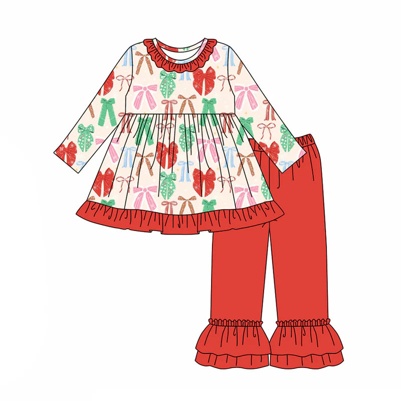 7.31preorder(moq 5) Baby Girls Long Sleeves Colorful Bows Plaid Tunic Ruffle Pants Set