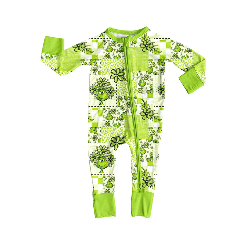 8.4Preorder(moq 5)Baby Infant Green Face Flowers Plaid Christmas Zipper Rompers