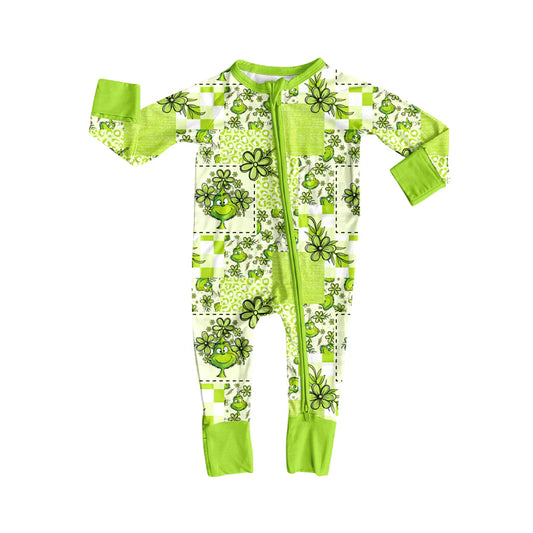 8.4Preorder(moq 5)Baby Infant Green Face Flowers Plaid Christmas Zipper Rompers