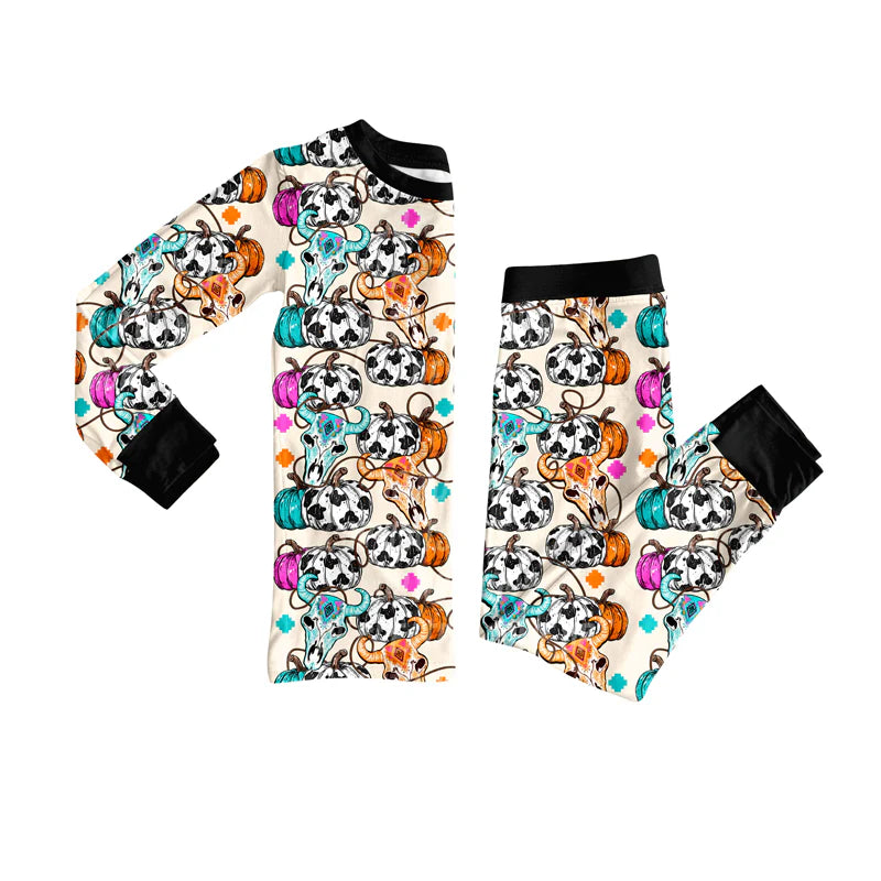 7.10Preorder (moq 5)Baby Boys Long Sleeves Bull Skull Pumpkins Top Pant Pajamas Clothes Set