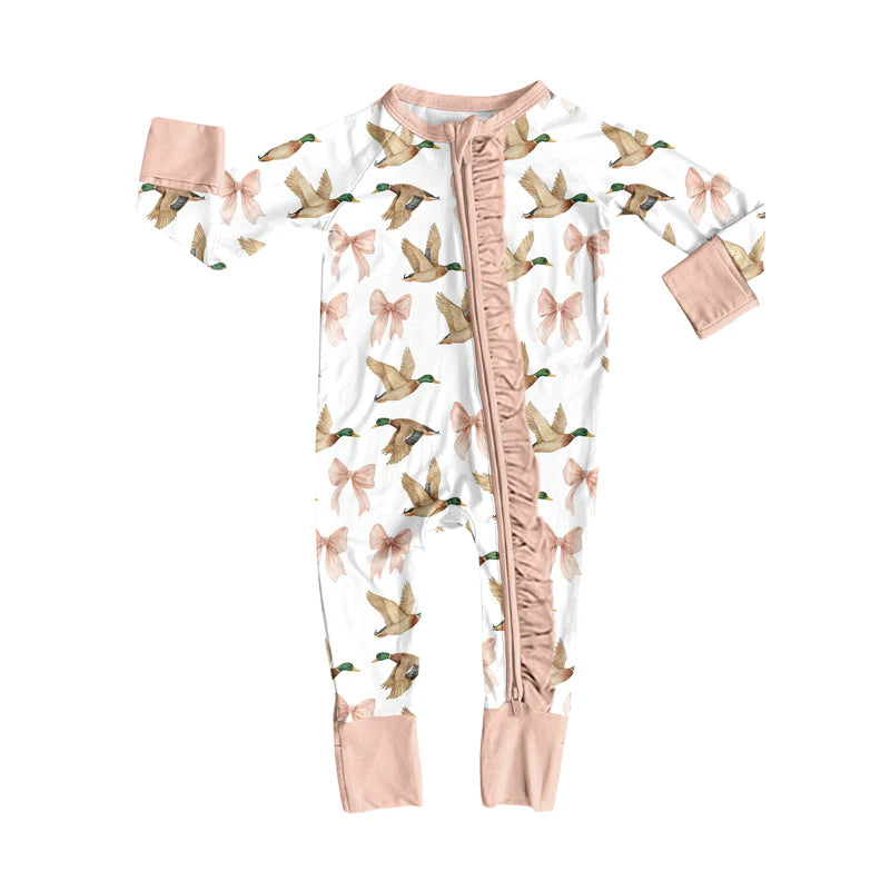 8.12Preorder(moq 5)Baby Girls Bows Ducks Pink Zipper Footie Rompers