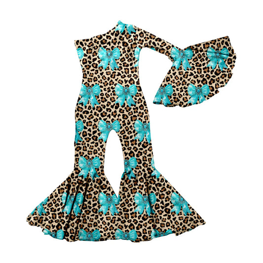 X11.19Preorder(moq 5) Baby Girls Blue Turquoises Bows Leopard Western Bell Bottom Jumpsuits