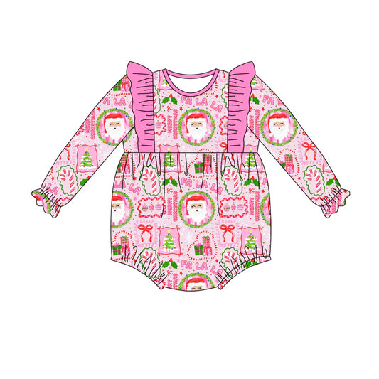7.19Preorder(moq 5)Baby Girls Pink Santa Candy Cane Plaid Ruffle Rompers