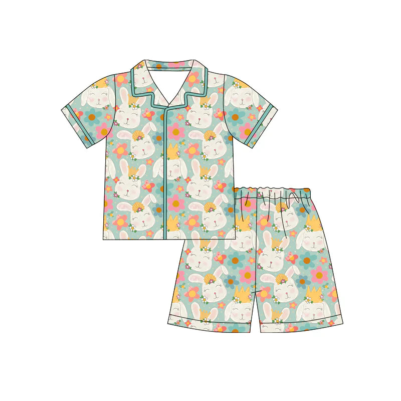 X12.17 Preorder (moq 5)Baby Girls Rabbits Flowers Button Top Shorts Easter Pajamas Sets