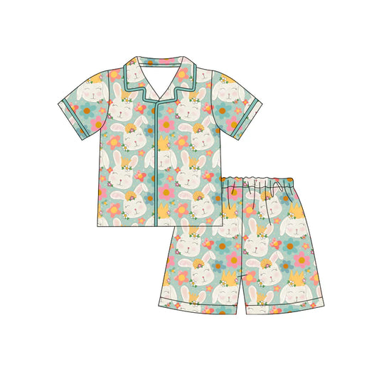 X12.17 Preorder (moq 5)Baby Girls Rabbits Flowers Button Top Shorts Easter Pajamas Sets