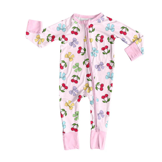 X919Preorder (moq 5)Baby Girls Colorful Bows Cherry Valentine Zipper Footie Rompers