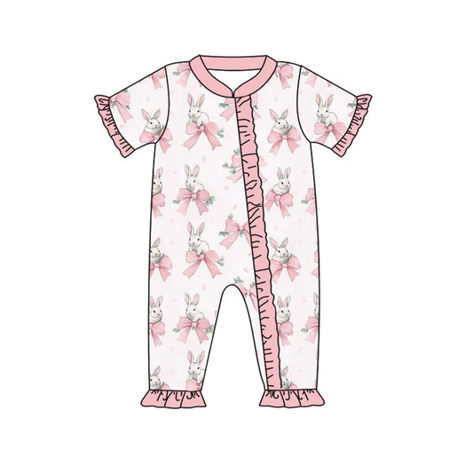 X923Preorder (moq 5)Baby Girls Pink Bows Rabbits Easter Ruffle Zipper Footie Rompers
