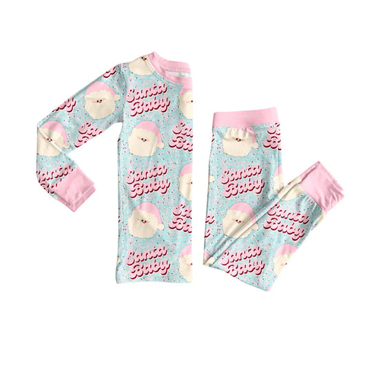 7.10Preorder (moq 5)Baby Girls Long Sleeves Pink Santa Babe Top Pant Pajamas Clothes Set