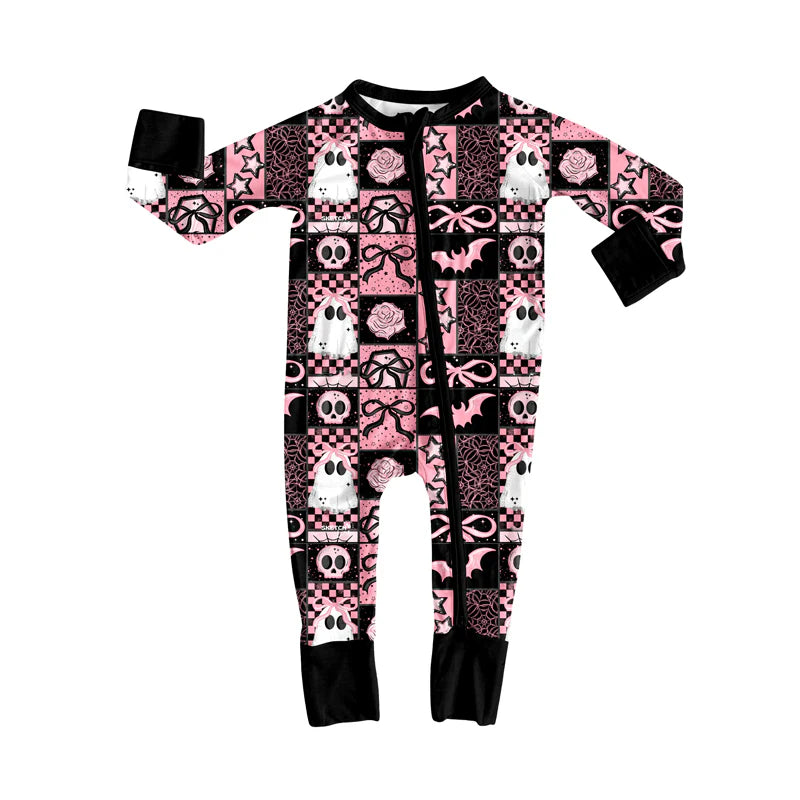 8.6Preorder(moq 5)Baby Infant Boys Long Sleeves Ghost Bows Plaid Halloween Zipper Rompers