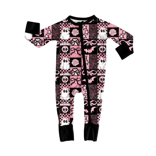 8.6Preorder(moq 5)Baby Infant Boys Long Sleeves Ghost Bows Plaid Halloween Zipper Rompers