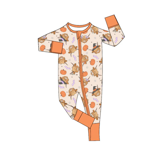 7.16Preorder (moq 5)Baby Girls Long Sleeves Highland Cows Pumpkins Plaid Zipper Romper