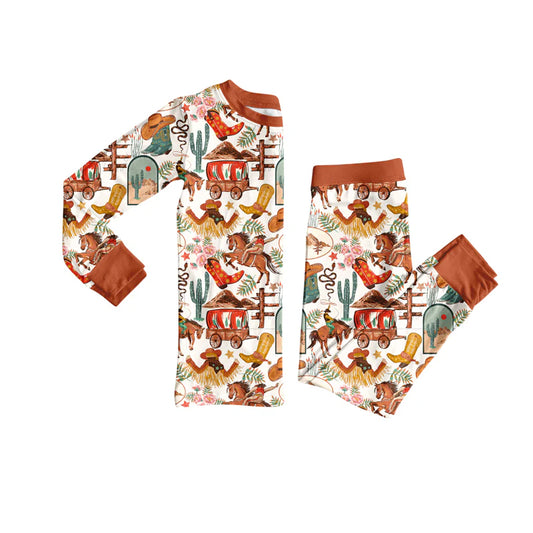 7.10Preorder (moq 5)Baby Girls Long Sleeves Cactus Horse Rodeos Top Pant Pajamas Clothes Set