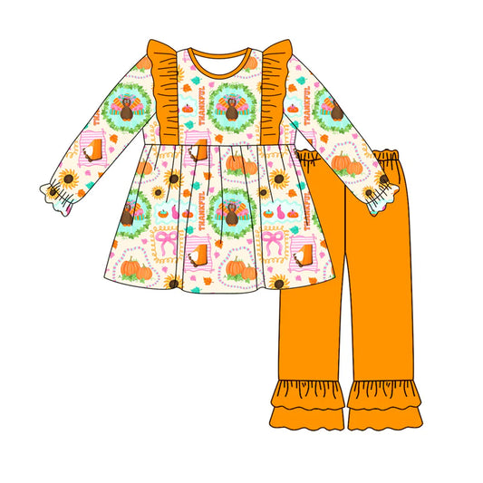 7.21Preorder (moq 5)Baby Girls Long Sleeves Turkey Bows Pumpkins Tunic Ruffle Pants Set