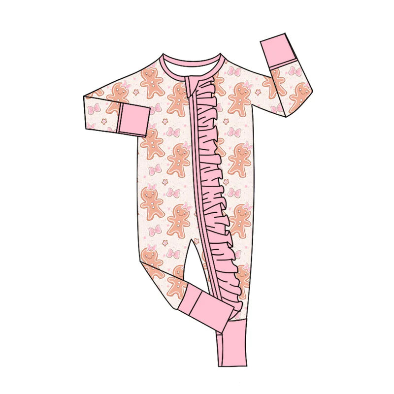 X909Preorder (moq 5)Baby Girls Pink Gingerbread Bows Christmas Ruffle Zipper Footie Rompers