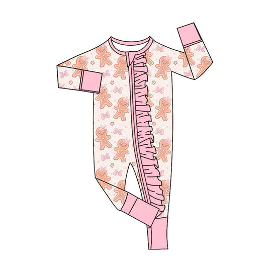 X909Preorder (moq 5)Baby Girls Pink Gingerbread Bows Christmas Ruffle Zipper Footie Rompers