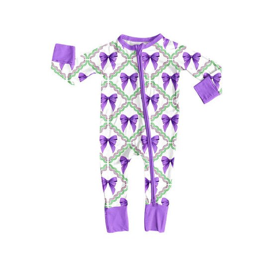 X908 Preorder (moq 5)Baby Girls Mardi Gras Purple Bows Checked Zipper Footie Rompers