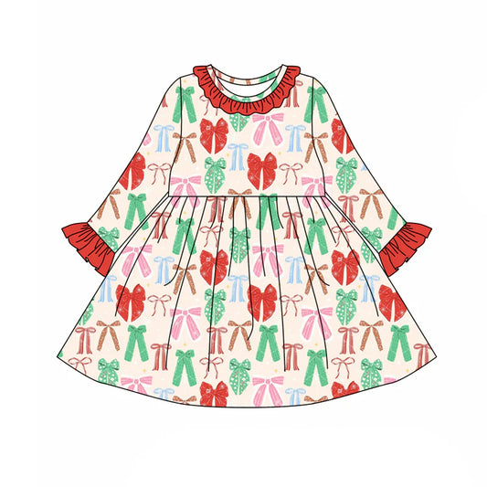 7.31preorder(moq 5) Baby Girls Long Ruffle Sleeves Colorful Bows Plaid Knee Length Dresses