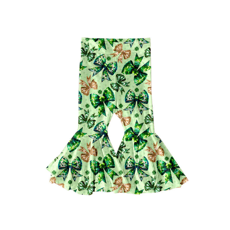 X11.19Preorder(moq 5) Baby Girls Clovers Bows St Patrick Ruffle Bell Bottom Pants