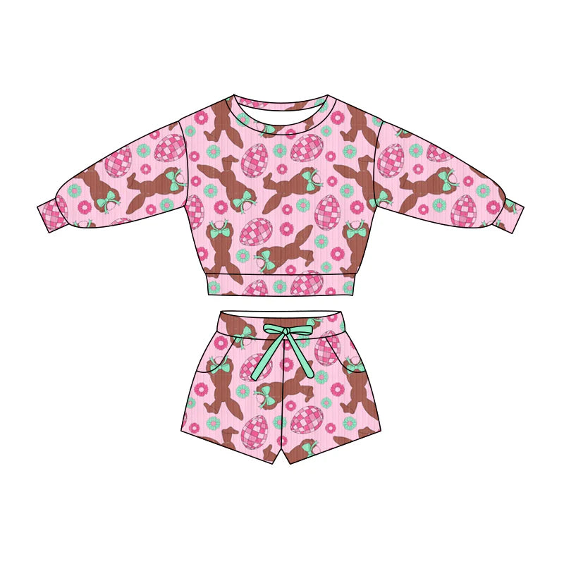 X1.16Preorder (moq 5)Baby Girls Eggs Rabbits Flowers Top Pockets Shorts Easter Clothes Sets