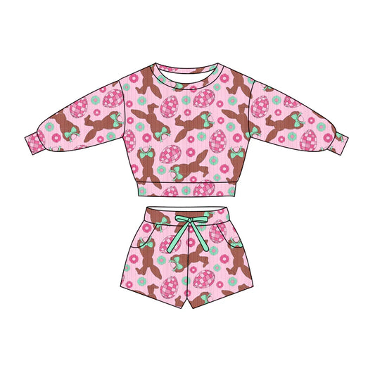 X1.16Preorder (moq 5)Baby Girls Eggs Rabbits Flowers Top Pockets Shorts Easter Clothes Sets