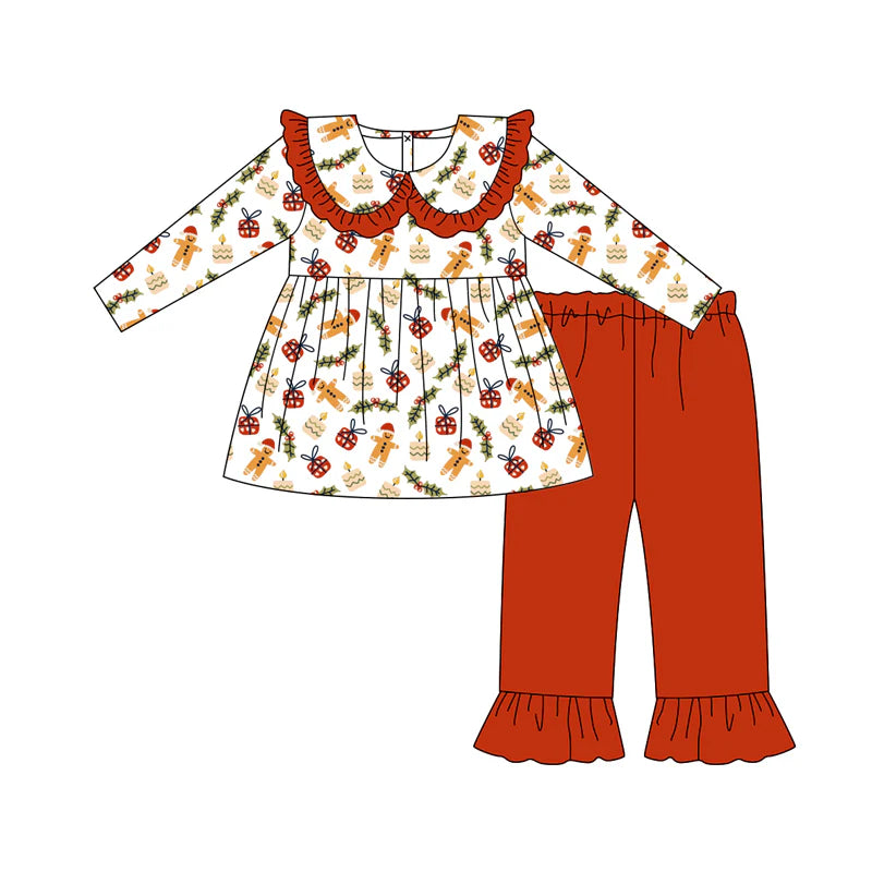 8.13Baby Girls Christmas Gingerbread Gifts Tunic Top Ruffle Pants Sets
