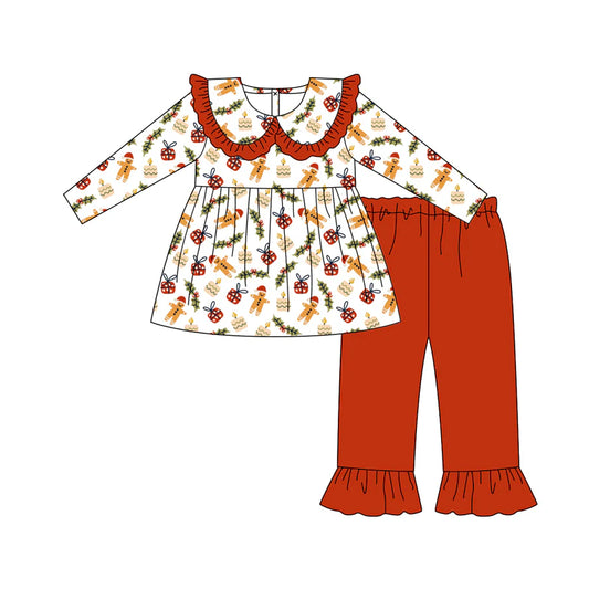 8.13Baby Girls Christmas Gingerbread Gifts Tunic Top Ruffle Pants Sets