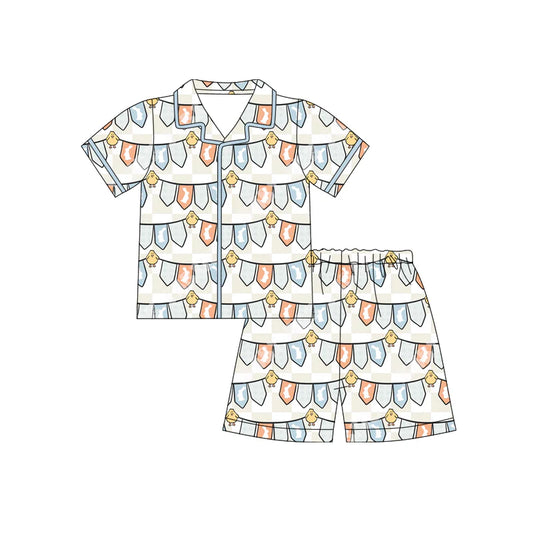 X12.17 Preorder (moq 5)Baby Boys Blue Rabbits Chicks Checked Button Top Shorts Easter Pajamas Sets