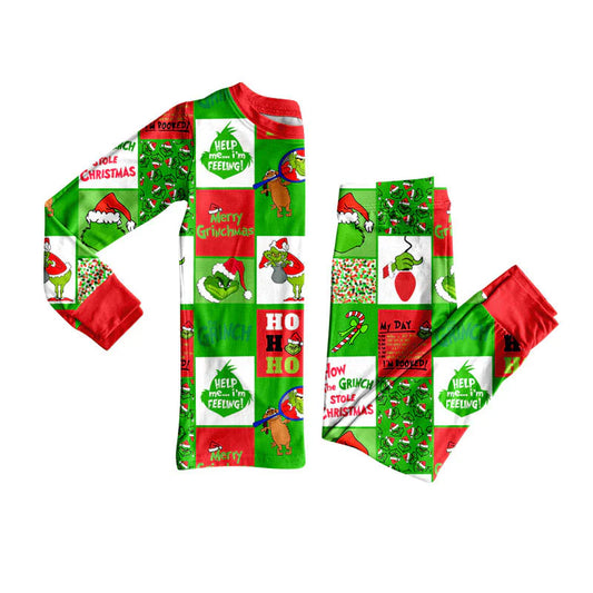 X927Preorder (moq 5)Baby Boys Green Faces Checked Top Pants Christmas Pajamas Sets