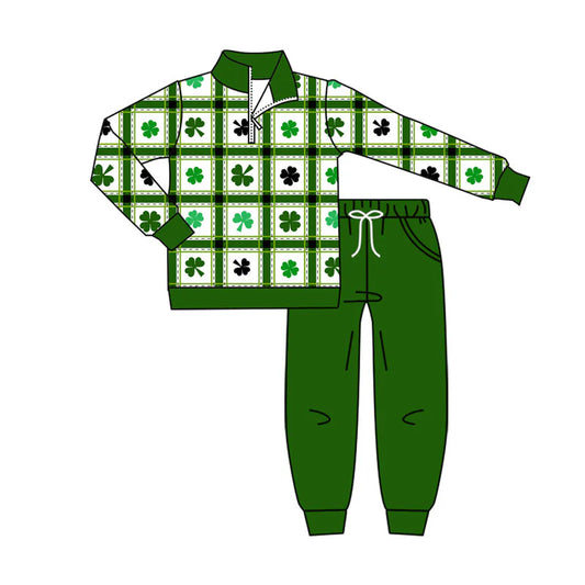 X927Preorder (moq 5)Baby Boys Clovers Checked Zipper Pullover Pockets Jogger St Patrick Clothes Sets